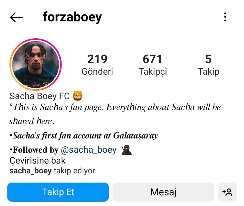Galatasaray futbolcusu sacha boeyin takip ettiği fan hesabı