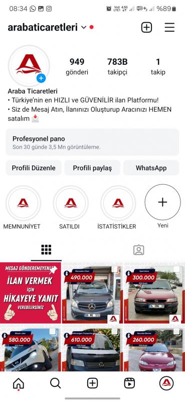 Yüksek gelirli dev araç satış instagram hesabı