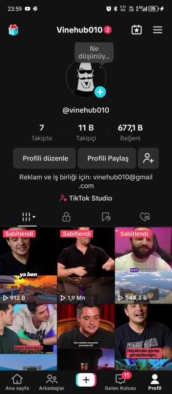 11k takipçili, 24 saatte minimum 100k izlenen tiktok hesabı